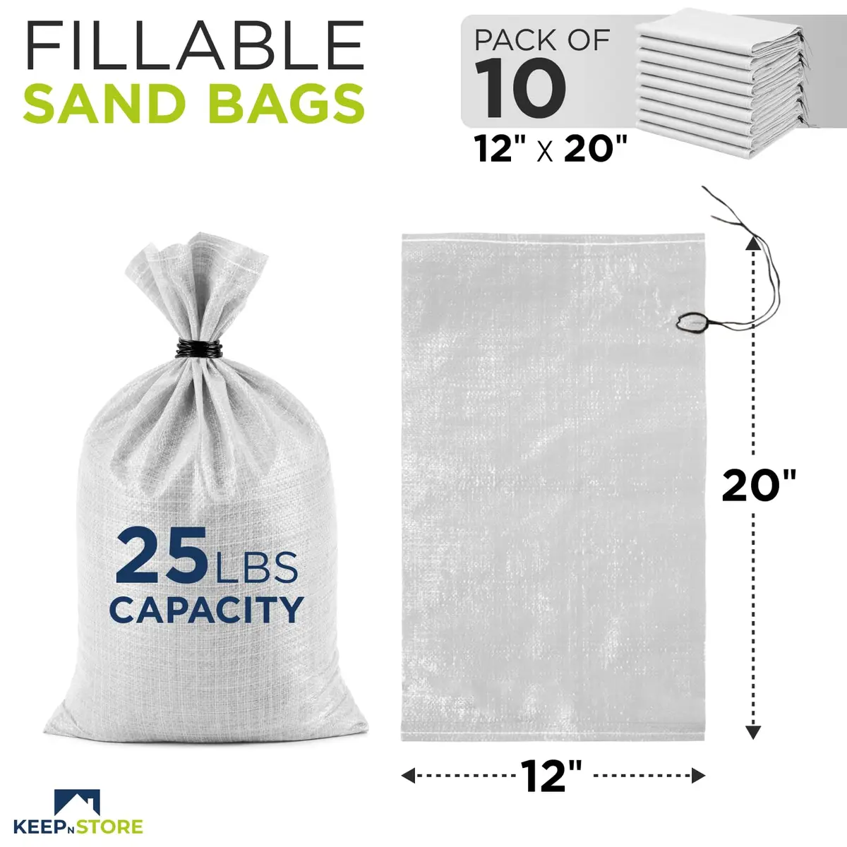 Keep N Store Heavy Duty Sand Bags Pack of 10, 12x20 inches (30.48x50.8 cm) | Flood Control & Weight Stabilization - view 2