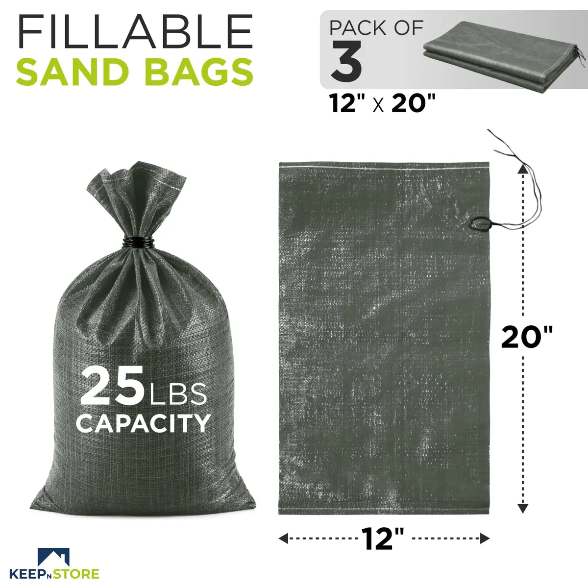 Keep N Store Heavy Duty Sand Bags Pack of 3 | 12x20 inches, 25 lbs, UV Protected, Fillable for Flood Control - view 2