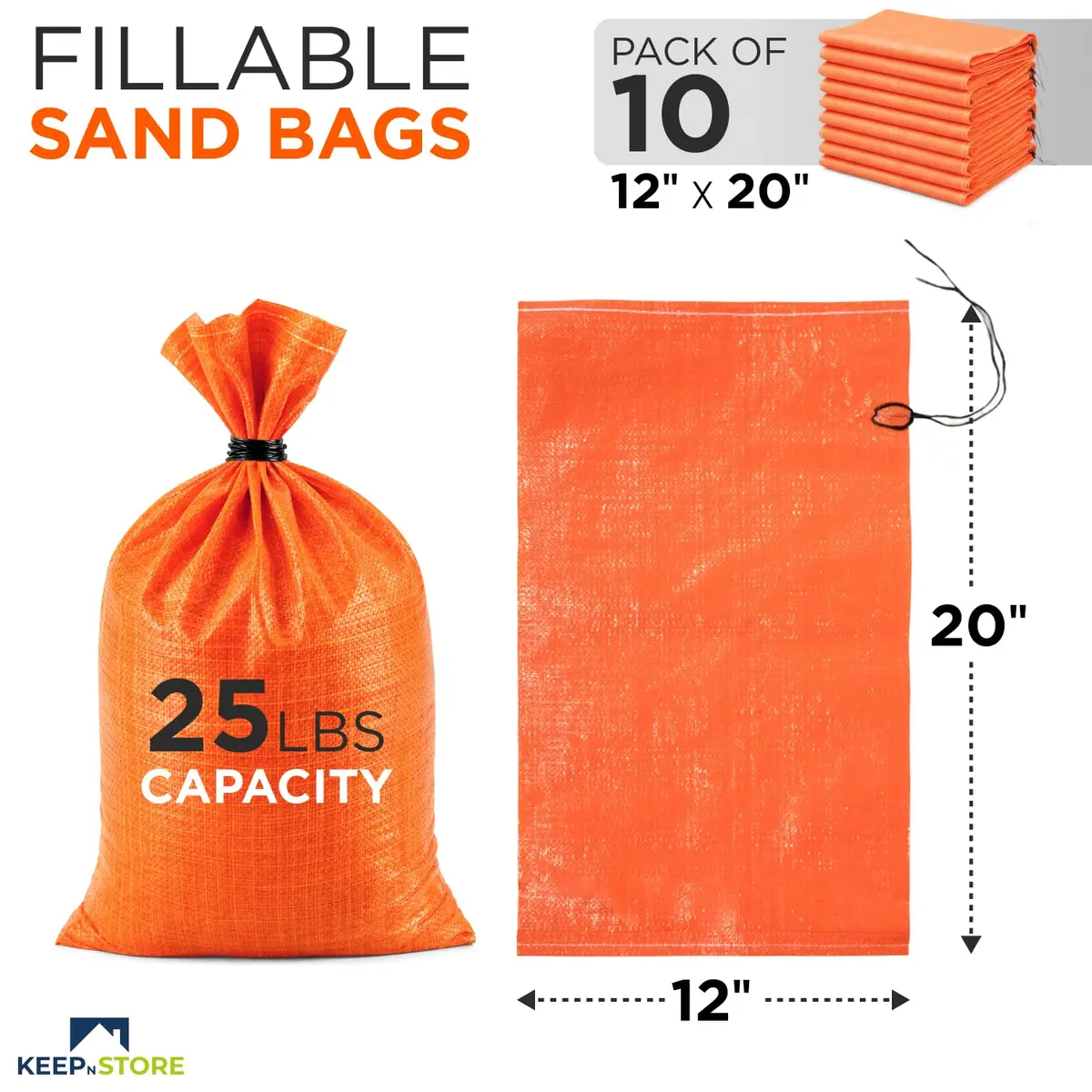 Keep N Store Heavy Duty Sand Bags Pack of 10 | 12x20 inch, 25 lb Capacity, UV Protected, Fillable with Ties, Bright Orange - view 2