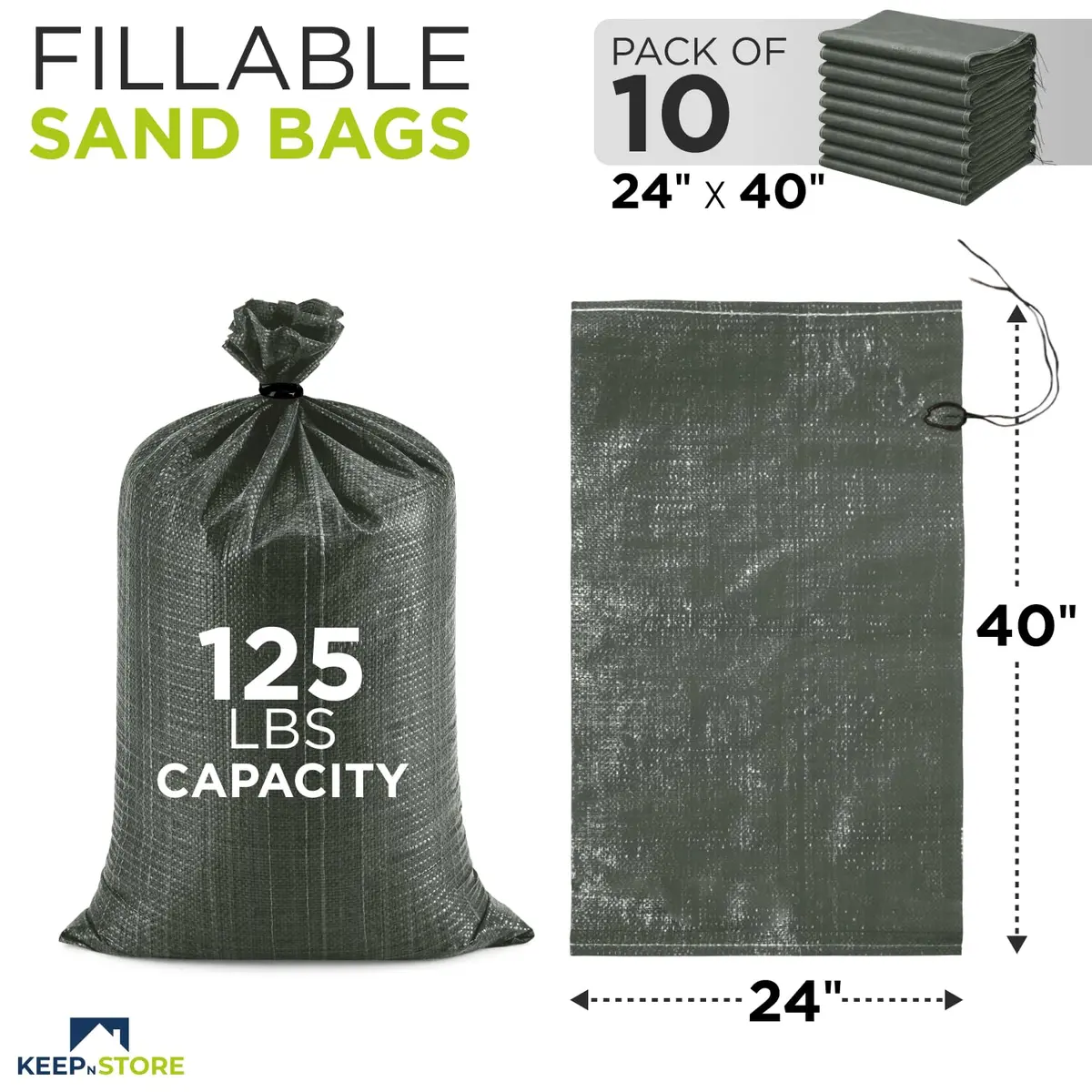 Keep N Store Heavy Duty Sand Bags Pack of 10, Army Green 24x40 inches | UV Protection 1600 Hours - view 2