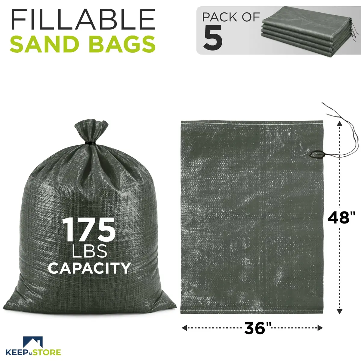 Keep N Store Heavy Duty Sand Bags Pack of 5, 36x48 inches | UV Resistant Woven Polypropylene Flood Control Bags - view 2