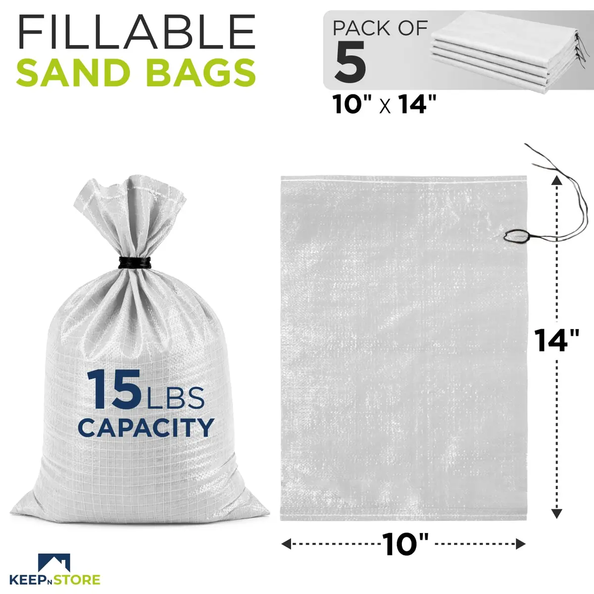 Keep N Store Heavy Duty Sand Bags Pack of 5, 10x14 inches (25.4x35.6 cm) | UV Protection, Flood Control - view 2