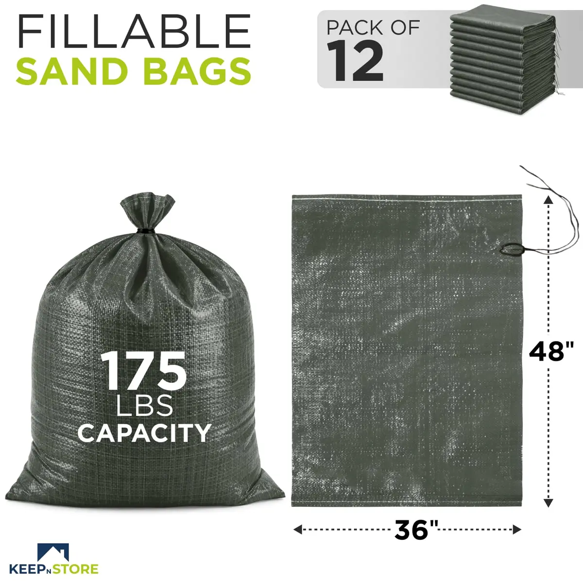 Keep N Store Heavy Duty Sand Bags Pack of 12 | Flood Control & Weight Stabilization 36x48 inches - view 2