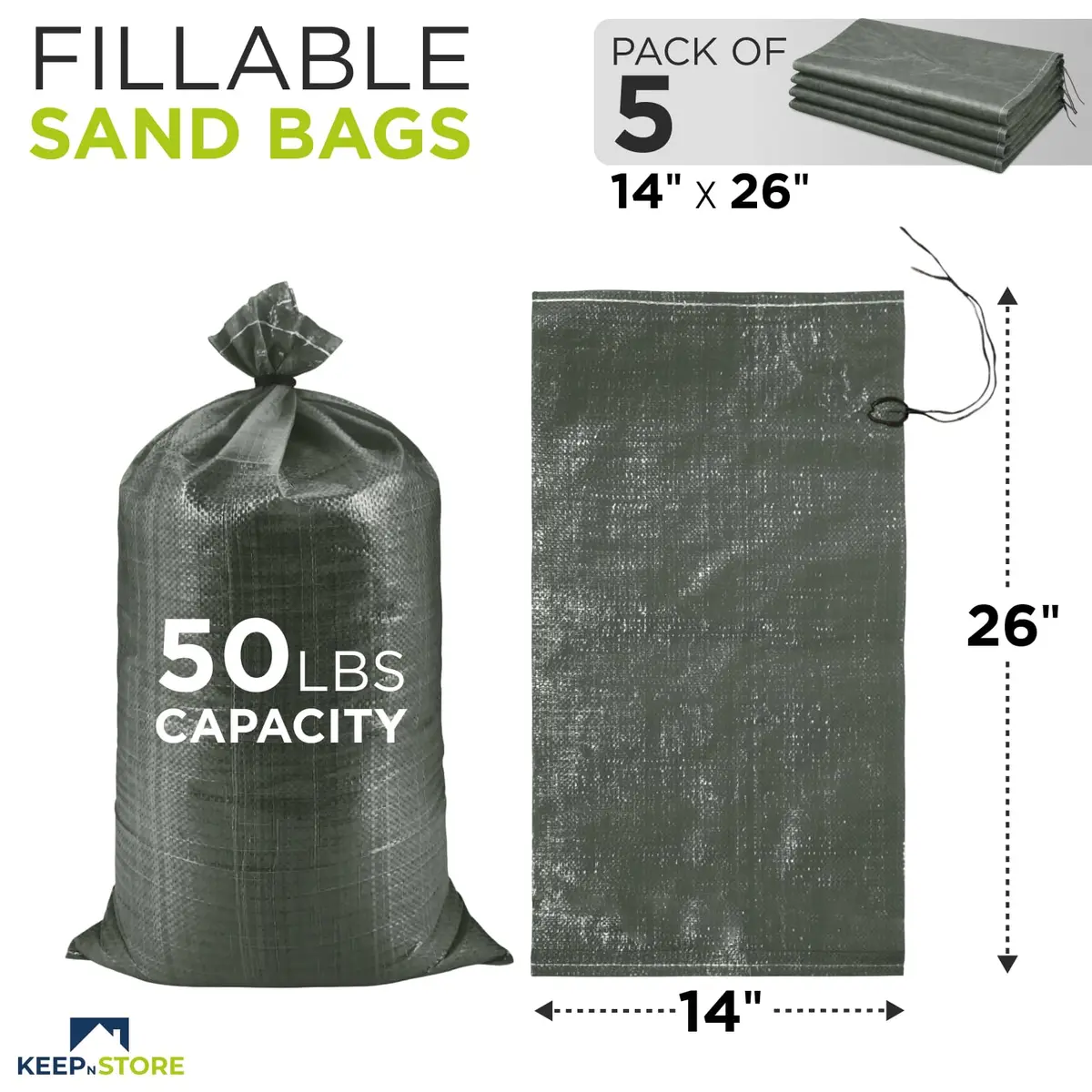 Keep N Store Heavy Duty Sand Bags Pack of 5, Army Green 14x26 inches | Flood Control & Weight Bags - view 2