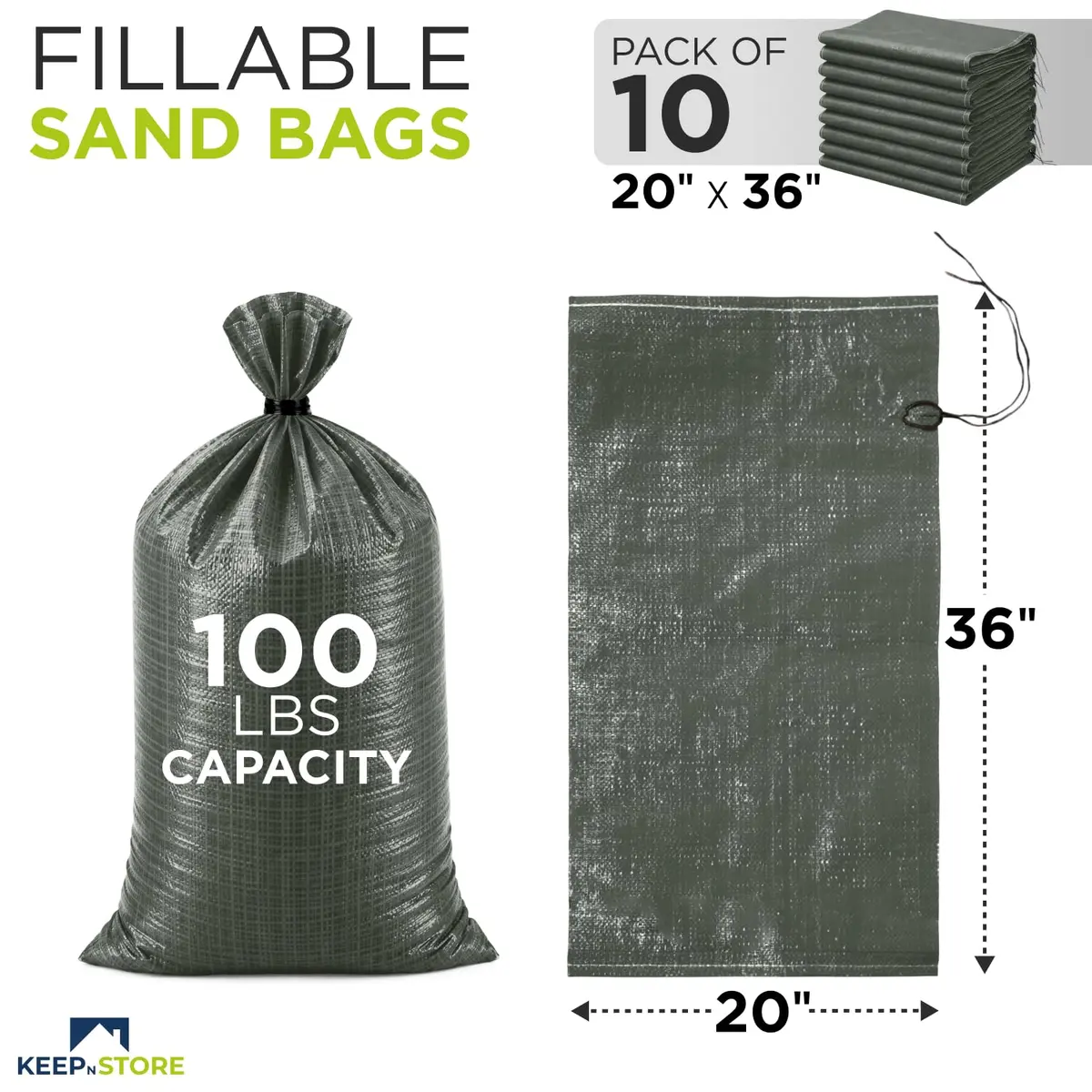 Keep N Store Heavy Duty Sand Bags Pack of 10, Army Green 20x36 inches | UV Protection 1600 Hours - view 2