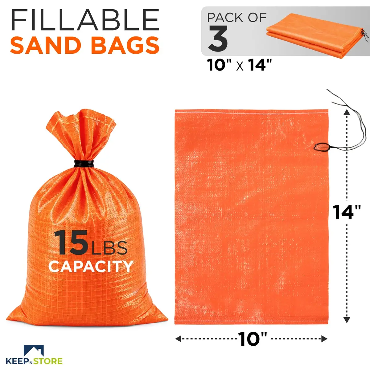 Keep N Store Heavy Duty Sand Bags Pack of 3, 10x14 inches (25.4x35.6 cm) — UV Resistant Woven Polypropylene for Flood Control & Weight - view 2