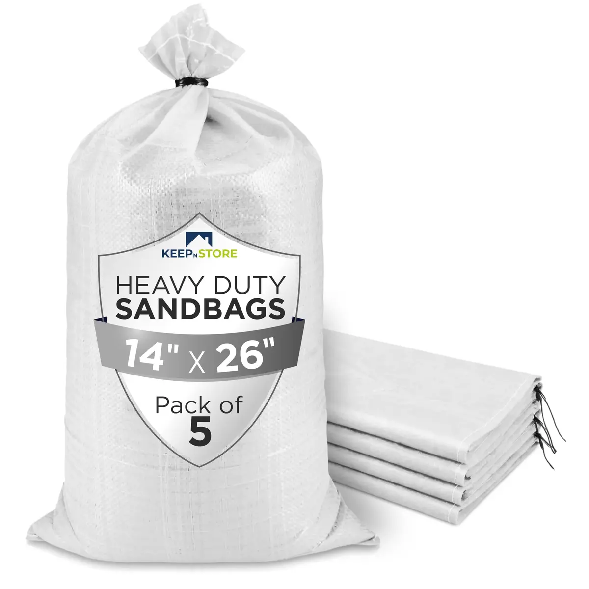 Keep N Store Heavy Duty Sand Bags Pack of 5, White Empty Sandbags 36cm x 66cm (14"x26") | UV Protected Woven Polypropylene for Flood Control & Weight - main product image