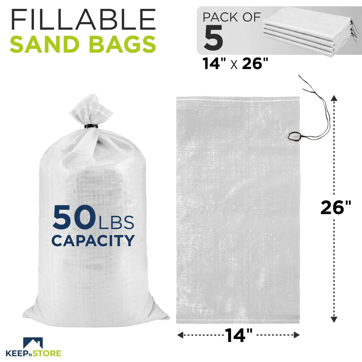 Keep N Store Heavy Duty Sand Bags Pack of 5, White Empty Sandbags 36cm x 66cm (14"x26") | UV Protected Woven Polypropylene for Flood Control & Weight - view 2