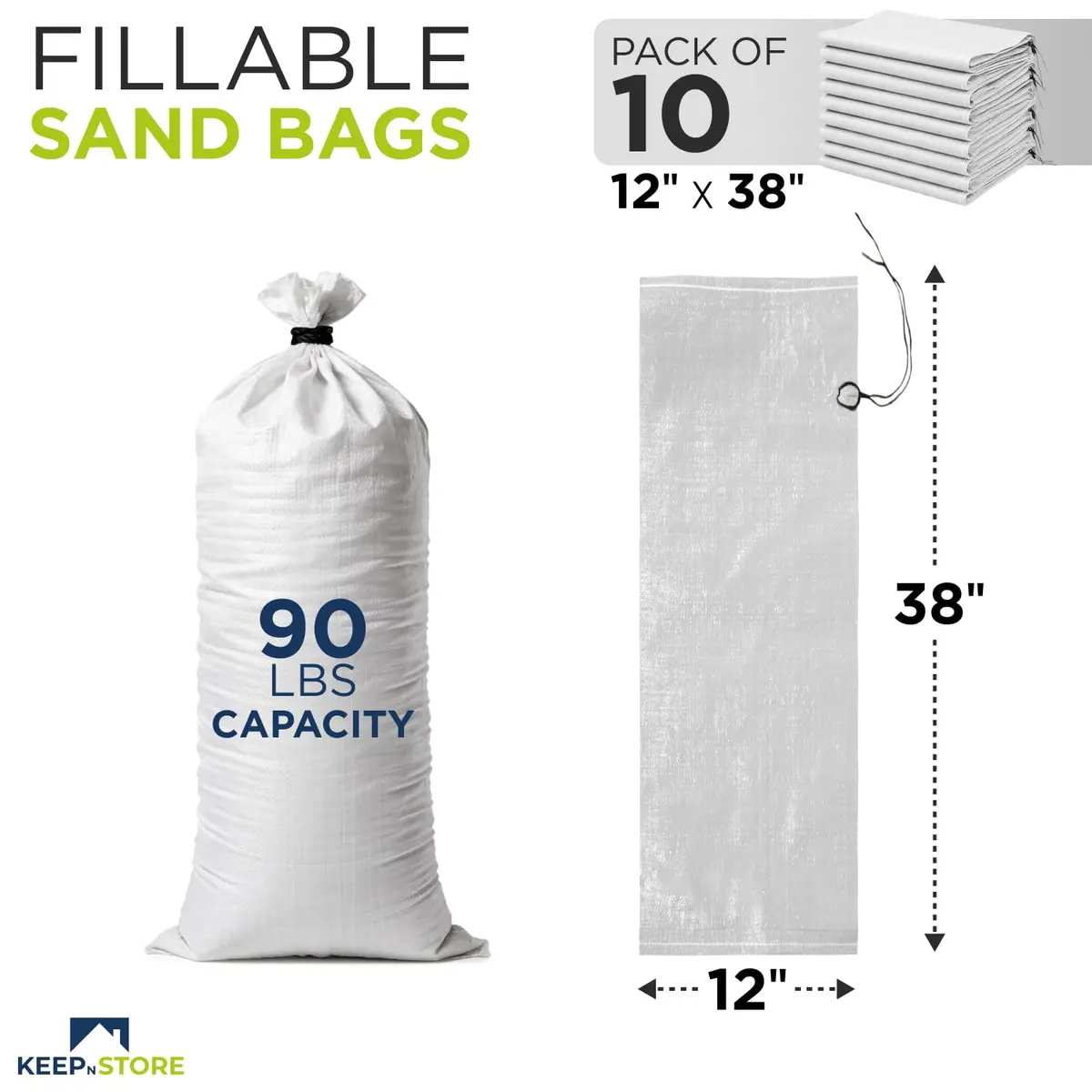 Keep N Store Heavy Duty Sand Bags Pack of 10, 12x38 inches | Flood Control & Weight Bags - view 2