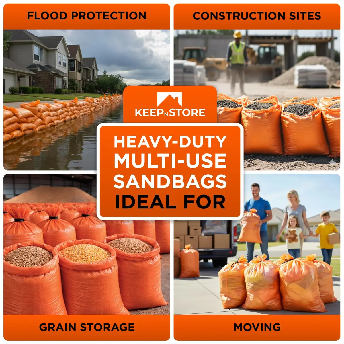 Keep N Store Heavy Duty Sand Bags Pack of 3, Bright Orange Empty Sandbags 61cm x 102cm (24x40 inches) | UV Protected Woven Polypropylene for Flood Control & Weight - view 9