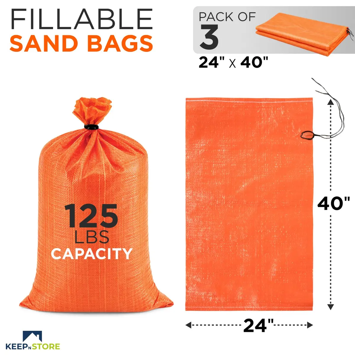 Keep N Store Heavy Duty Sand Bags Pack of 3, Bright Orange Empty Sandbags 61cm x 102cm (24x40 inches) | UV Protected Woven Polypropylene for Flood Control & Weight - view 2