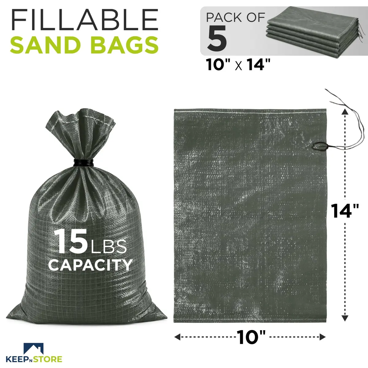 Keep N Store Heavy Duty Sand Bags Pack of 5 | Flood Control & Industrial Use, 10x14 inches, 15 Pounds - view 2
