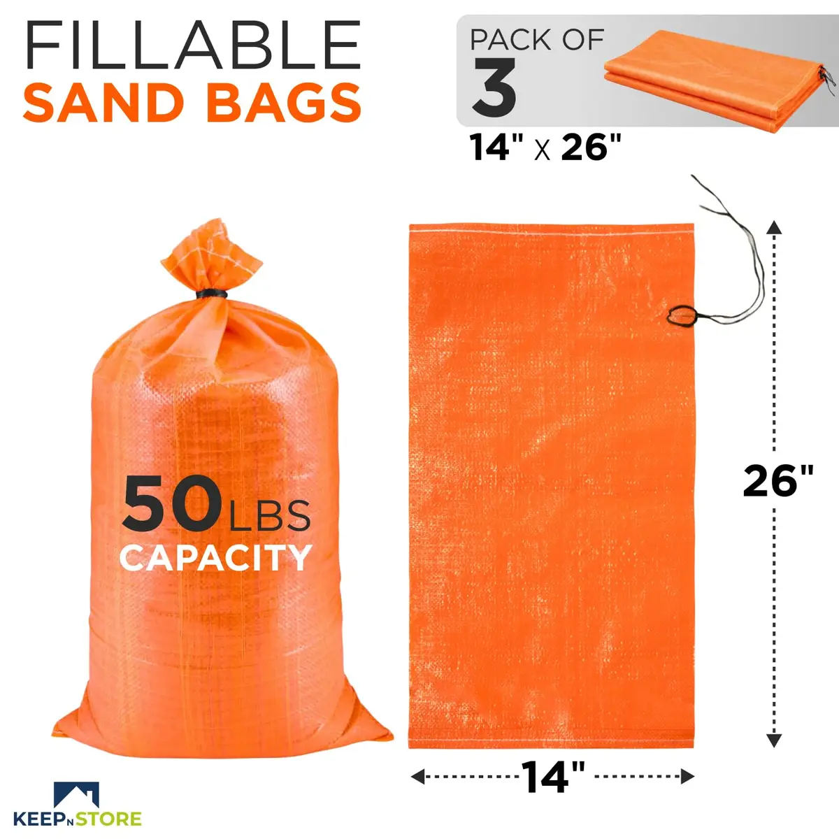 Keep N Store Heavy Duty Sand Bags Pack of 3 | 14x26 inch, 50 lb Capacity, UV Protected, Bright Orange, Reusable Flood Control Bags - view 2