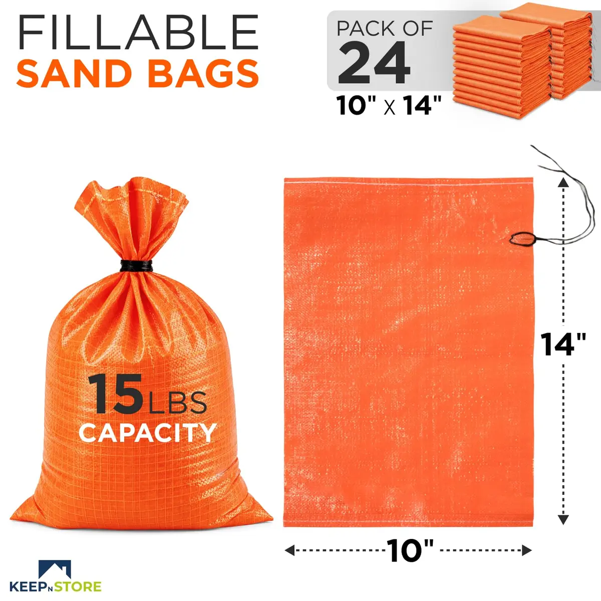 Keep N Store Heavy Duty Sand Bags Pack of 24, Bright Orange 10x14 inches | Flood Control & Weight Bags - view 2