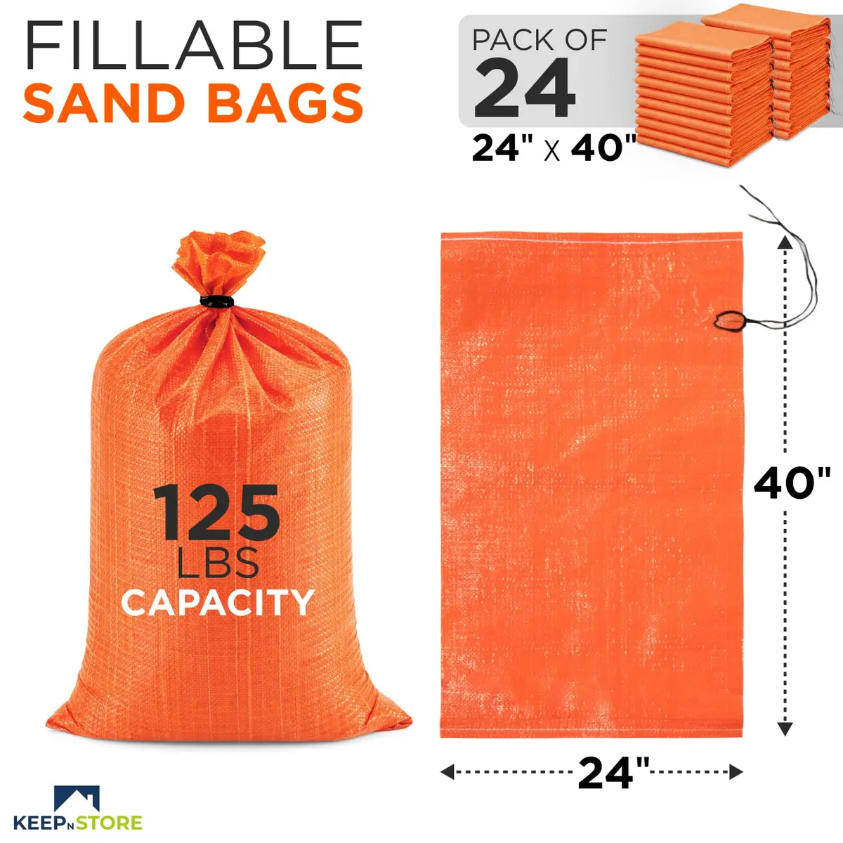 Keep N Store Heavy Duty Sand Bags Pack of 24, 24x40 inches, Bright Orange | UV Protected Woven Polypropylene for Flood Control & Weight - view 2