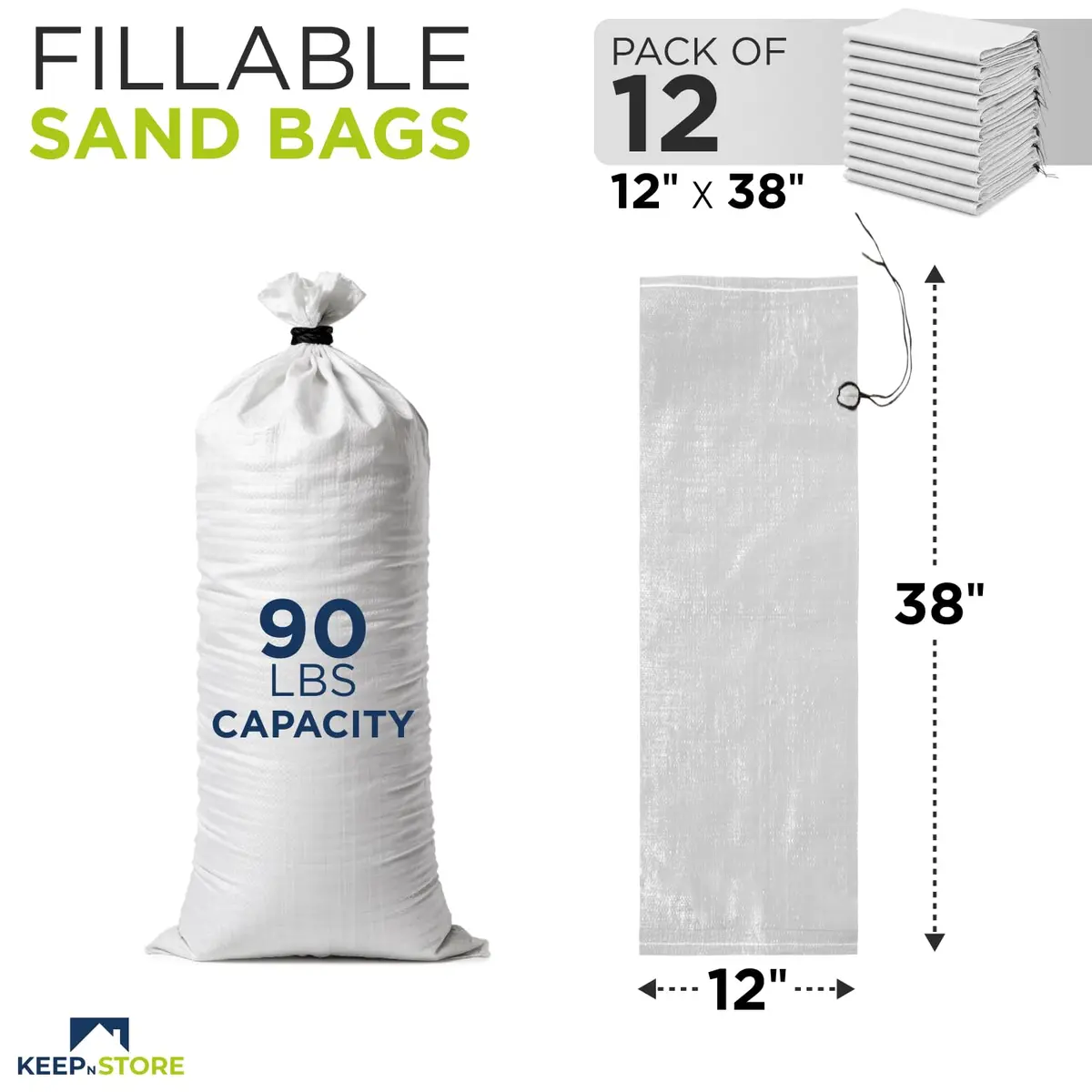 Keep N Store Heavy Duty Sand Bags Pack of 12, White, 91 cm x 46 cm (38x18 inches) | Flood Control & Weight Stabilization - view 2