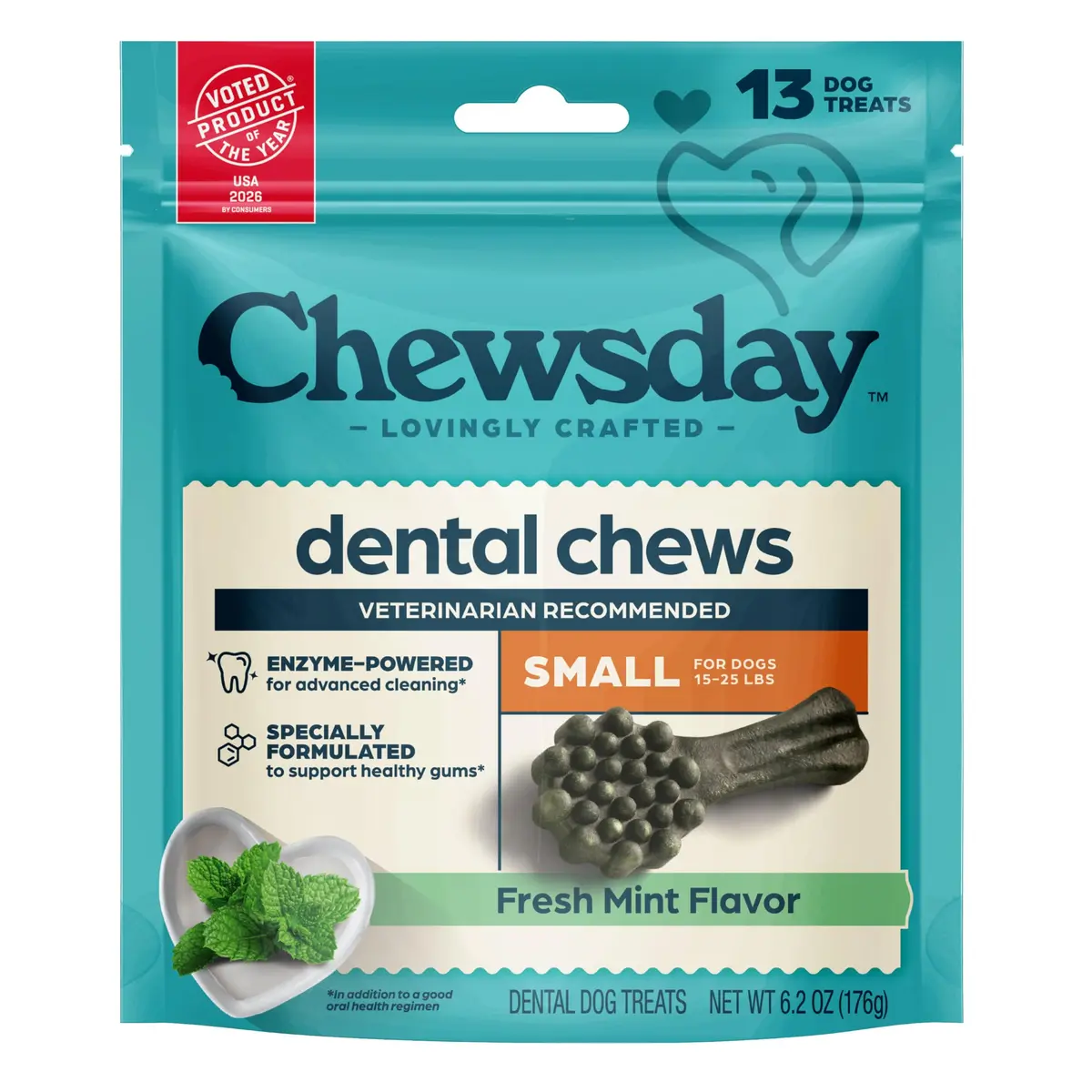 Chewsday Dog Treats Fresh Mint Flavor Dental Chews | Enzyme Powered, Small 13 Count - main product image