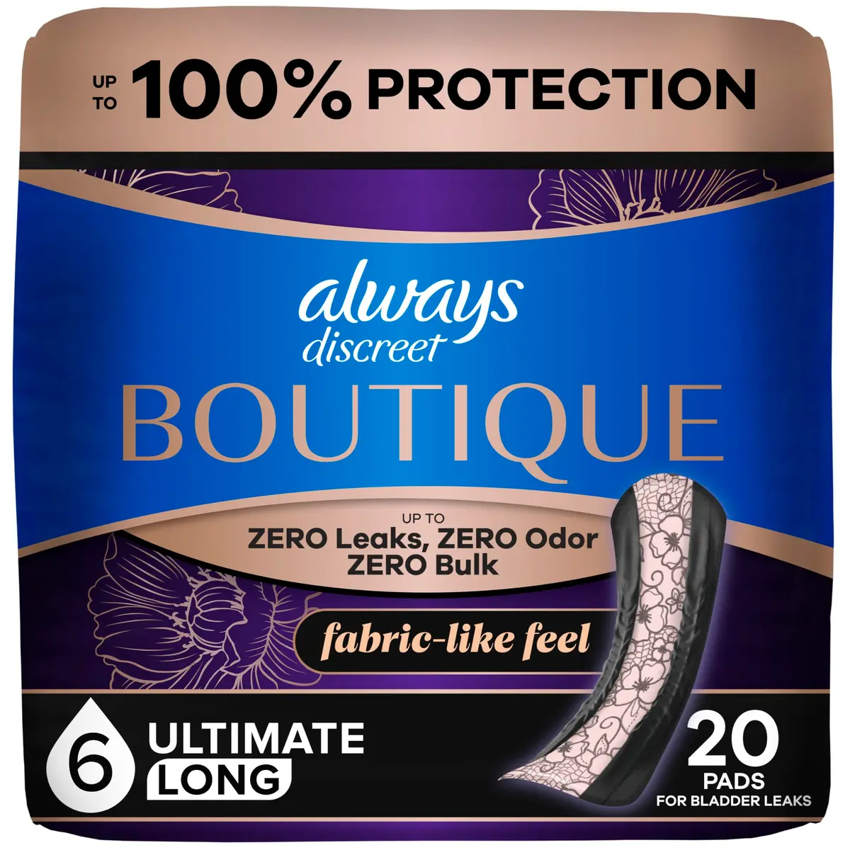 Always Discreet Boutique Adult Incontinence Bladder Leak Pads for Women, Long Length | Up to 100% Leak Protection - main product image