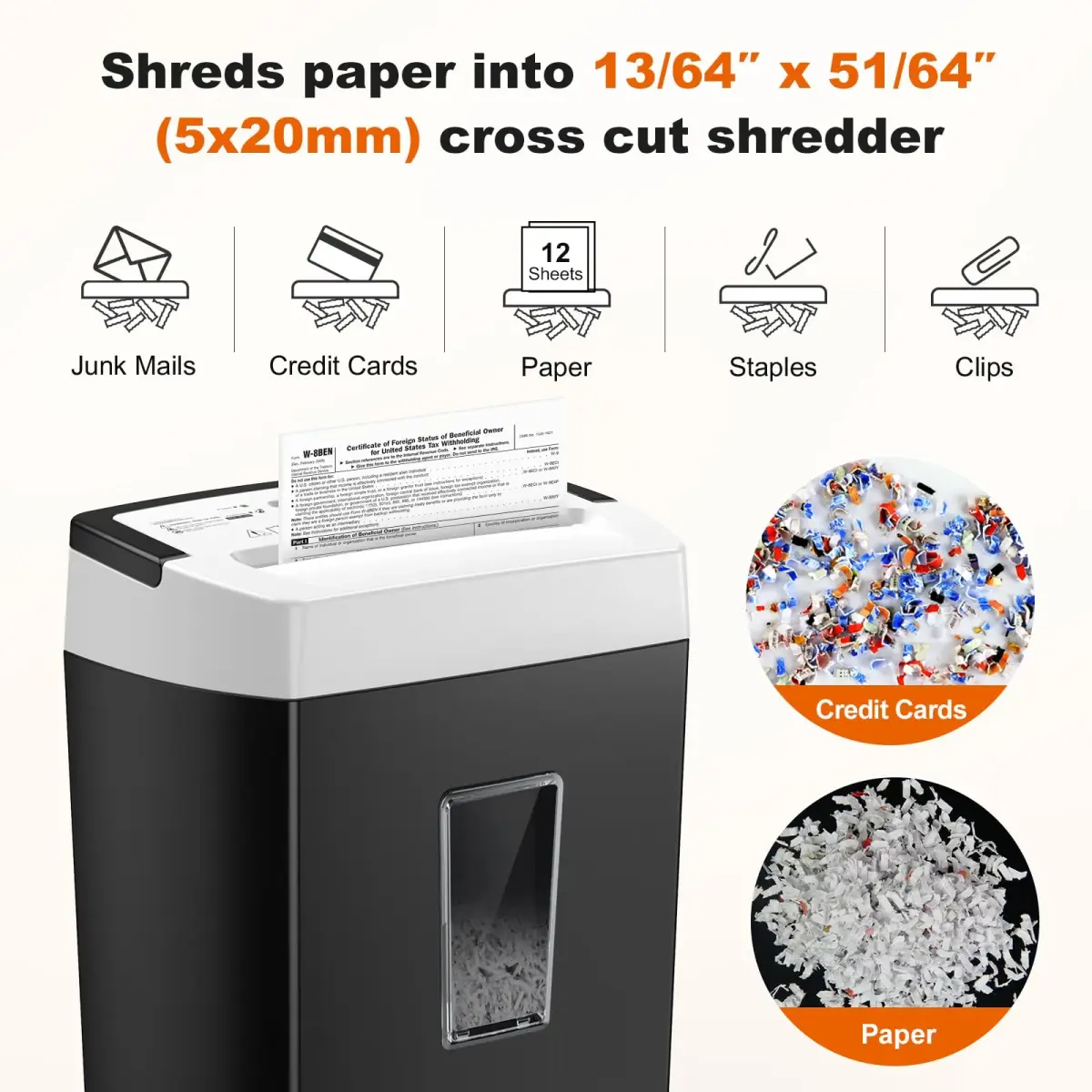 Bonsaii 12-Sheet Cross Cut Paper Shredder with Transparent Window, P-4 Security Level, Black/White - view 3