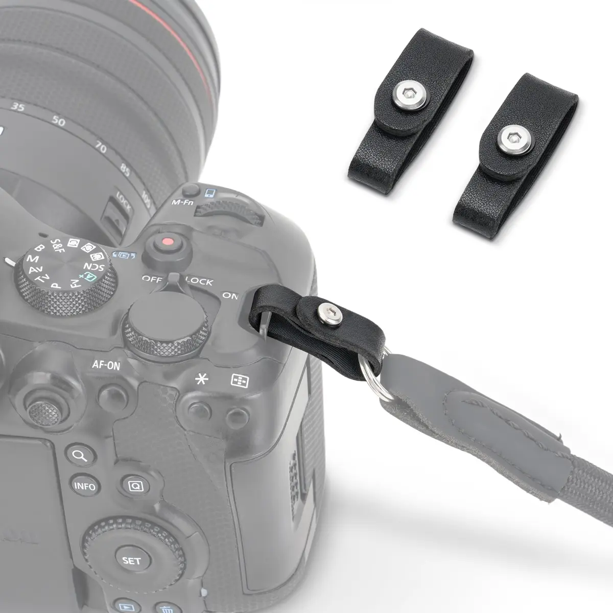 JJC R50 V R6 R5 II Camera Hand Wrist Shoulder Neck Strap Adapter Loop Connector | Durable Microfiber Leather & PVC (for Camera w Square Hole) - main product image