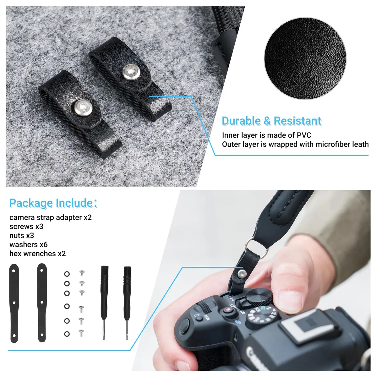 JJC R50 V R6 R5 II Camera Hand Wrist Shoulder Neck Strap Adapter Loop Connector | Durable Microfiber Leather & PVC (for Camera w Square Hole) - view 5