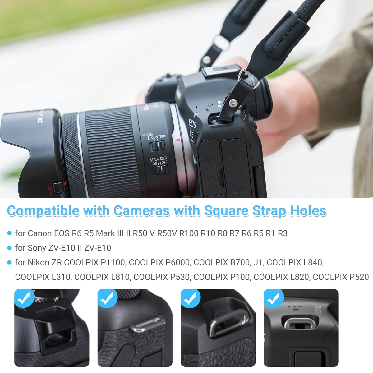 JJC R50 V R6 R5 II Camera Hand Wrist Shoulder Neck Strap Adapter Loop Connector | Durable Microfiber Leather & PVC (for Camera w Square Hole) - view 2