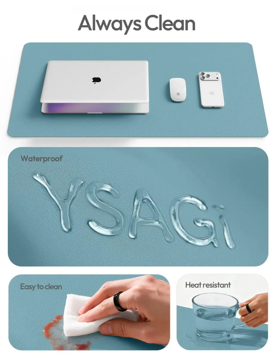 YSAGi Aquamarine PU Leather Desk Pad Protector 89.9cm x 43.2cm (35.4" x 17") | Protects Desks, Doubles as Large Mouse Pad - view 7