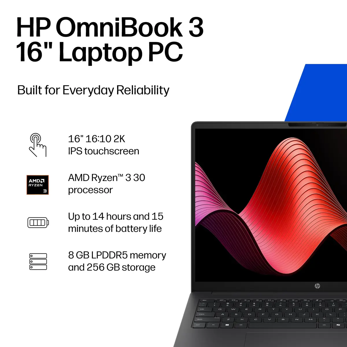 HP OmniBook 3 16-inch Laptop 2K Touchscreen | AMD Ryzen 3, 8GB RAM, 256GB SSD - view 2