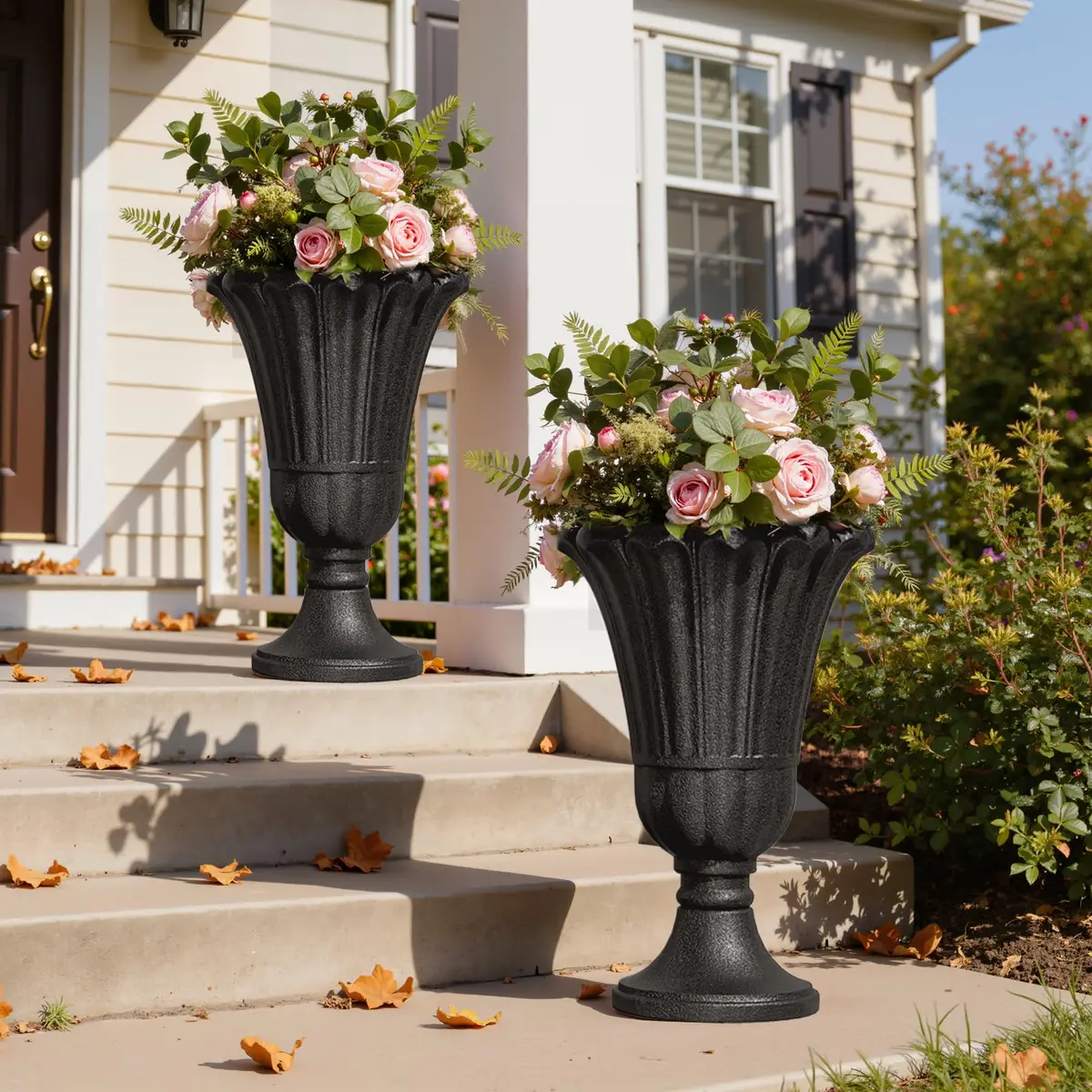 Diyfire Tall Plastic Urn Planters for Outdoor Plants Set of 2-23.6" H Classic Petal Design Indoor Large Flower Pots with Drainage Holes, Outdoor Planters for Porch Decor/Garden Vase, Black - main product image