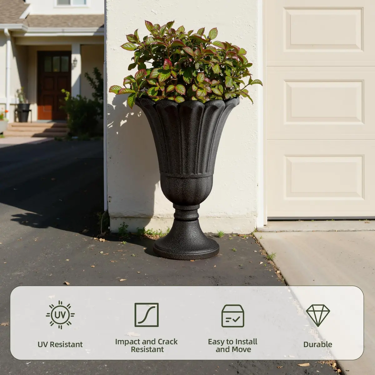 Diyfire Tall Plastic Urn Planters for Outdoor Plants Set of 2-23.6" H Classic Petal Design Indoor Large Flower Pots with Drainage Holes, Outdoor Planters for Porch Decor/Garden Vase, Black - view 5