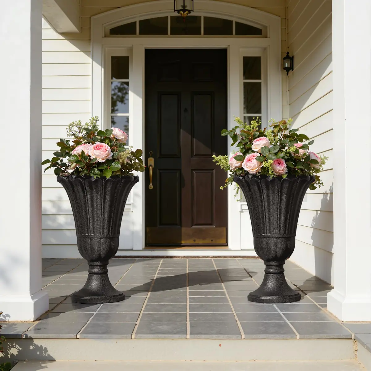 Diyfire Tall Plastic Urn Planters for Outdoor Plants Set of 2-23.6" H Classic Petal Design Indoor Large Flower Pots with Drainage Holes, Outdoor Planters for Porch Decor/Garden Vase, Black - view 6