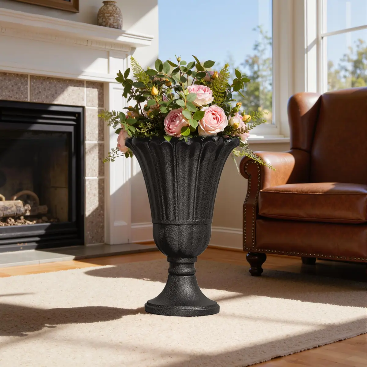 Diyfire Tall Plastic Urn Planters for Outdoor Plants Set of 2-23.6" H Classic Petal Design Indoor Large Flower Pots with Drainage Holes, Outdoor Planters for Porch Decor/Garden Vase, Black - view 7