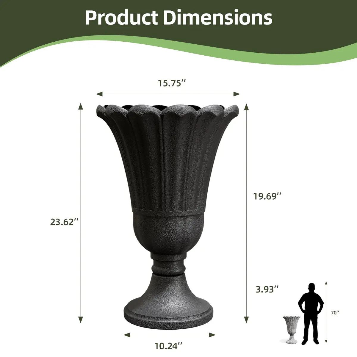 Diyfire Tall Plastic Urn Planters for Outdoor Plants Set of 2-23.6" H Classic Petal Design Indoor Large Flower Pots with Drainage Holes, Outdoor Planters for Porch Decor/Garden Vase, Black - view 2