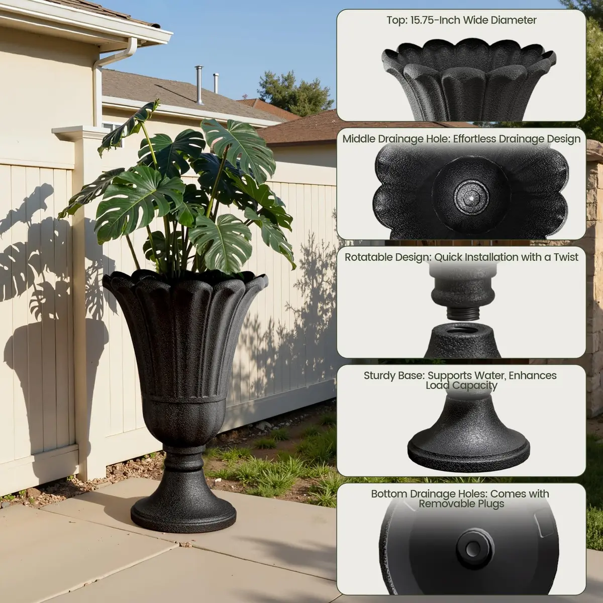 Diyfire Tall Plastic Urn Planters for Outdoor Plants Set of 2-23.6" H Classic Petal Design Indoor Large Flower Pots with Drainage Holes, Outdoor Planters for Porch Decor/Garden Vase, Black - view 3