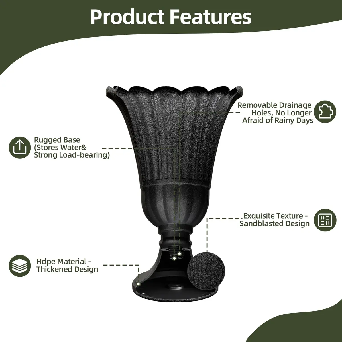 Diyfire Tall Plastic Urn Planters for Outdoor Plants Set of 2-23.6" H Classic Petal Design Indoor Large Flower Pots with Drainage Holes, Outdoor Planters for Porch Decor/Garden Vase, Black - view 4