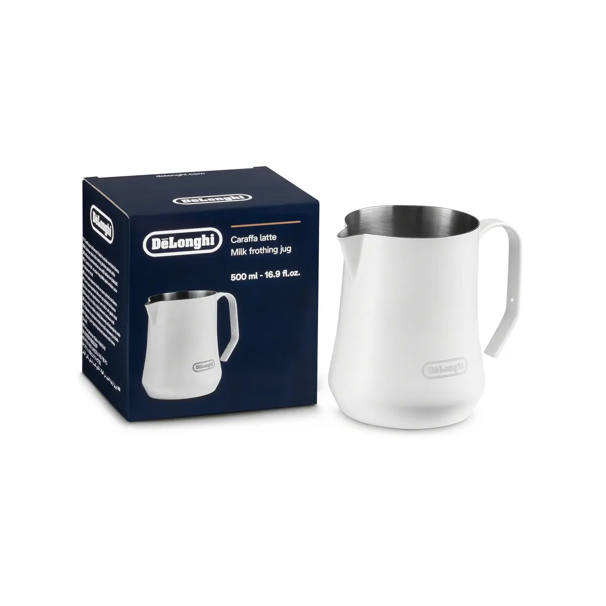 De'Longhi Milk Frothing Pitcher Matte White Stainless Steel 500ml (17 oz) | Professional Grade for Latte Art - main product image