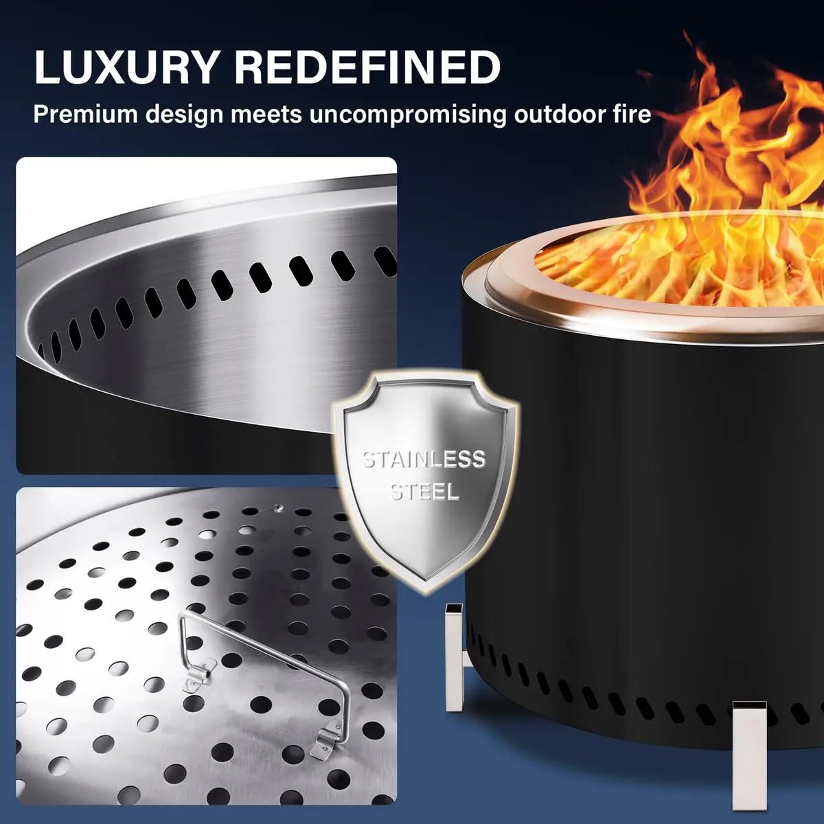 HGD 20" Smokeless Firepit with Stand | Stainless Steel Outdoor Patio Stove for Garden & BBQ (Black) - view 6