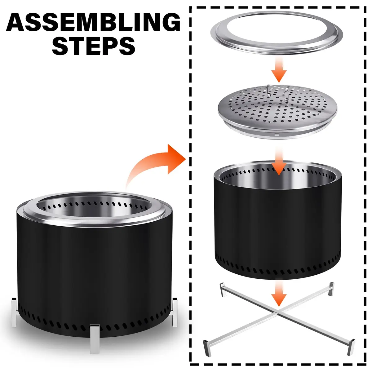 HGD 20" Smokeless Firepit with Stand | Stainless Steel Outdoor Patio Stove for Garden & BBQ (Black) - view 3