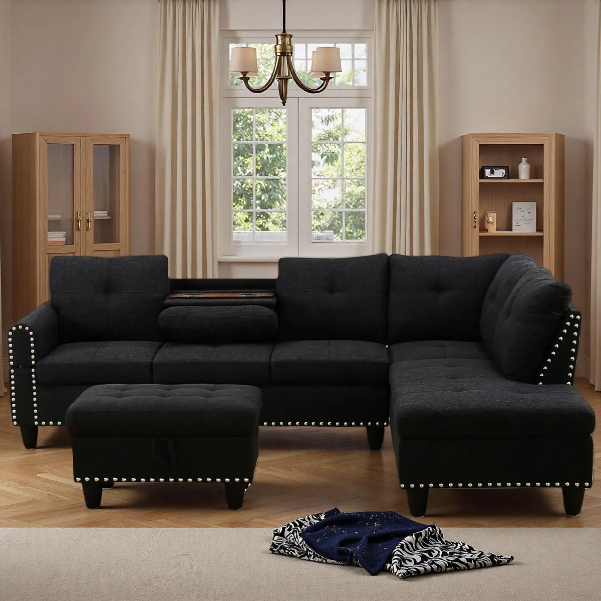 Topcomfy 97.5" L Shaped Couch Set Linen | Modular Living Room Sofa with Storage Ottoman - main product image