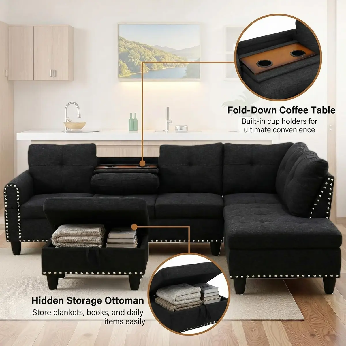 Topcomfy 97.5" L Shaped Couch Set Linen | Modular Living Room Sofa with Storage Ottoman - view 5