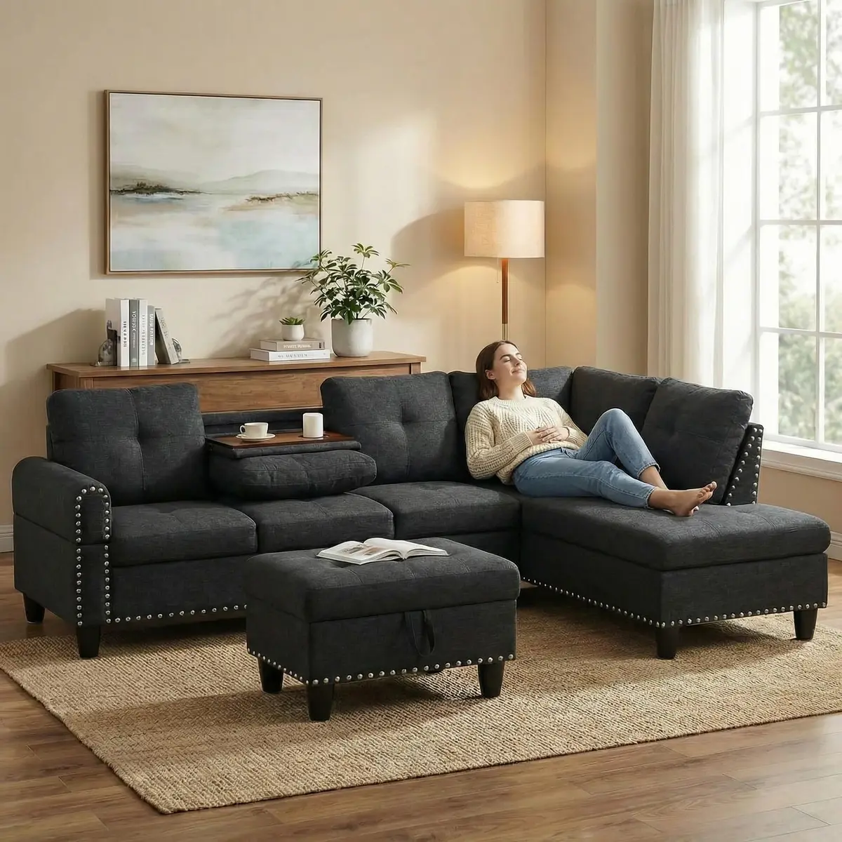 Topcomfy 97.5" L Shaped Couch Set Linen | Modular Living Room Sofa with Storage Ottoman - view 7