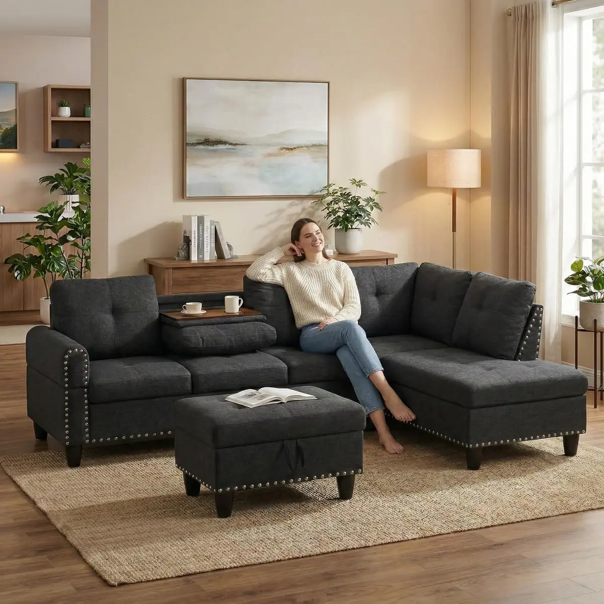 Topcomfy 97.5" L Shaped Couch Set Linen | Modular Living Room Sofa with Storage Ottoman - view 8