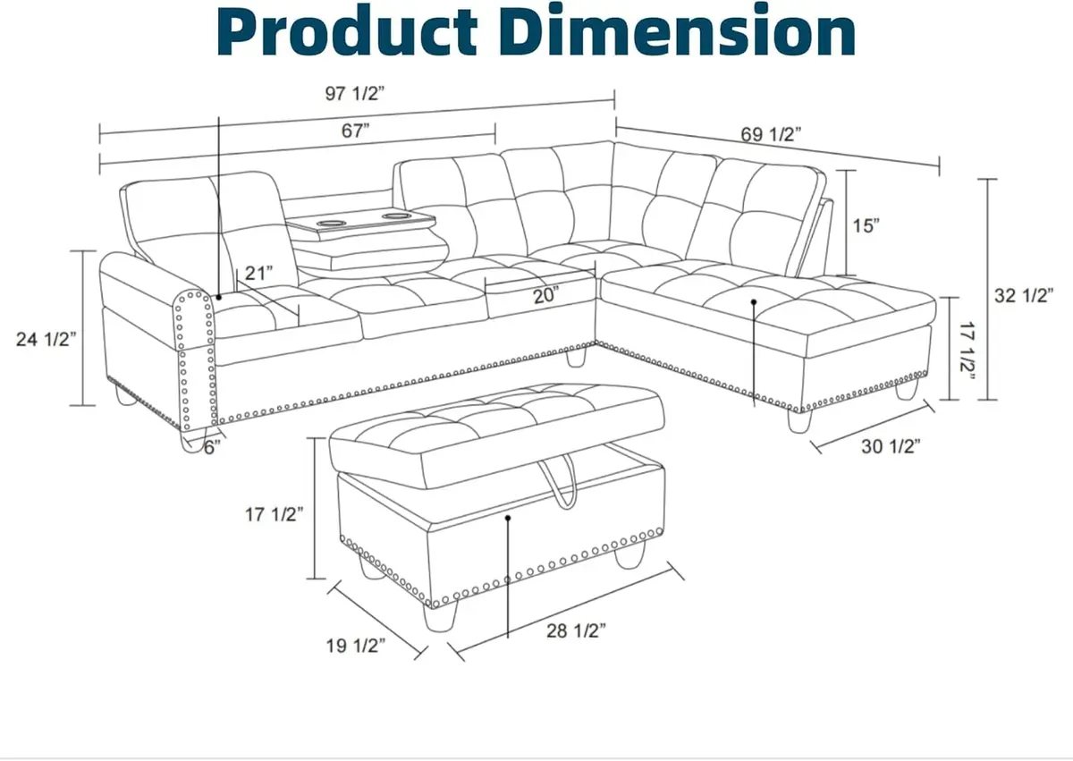 Topcomfy 97.5" L Shaped Couch Set Linen | Modular Living Room Sofa with Storage Ottoman - view 9