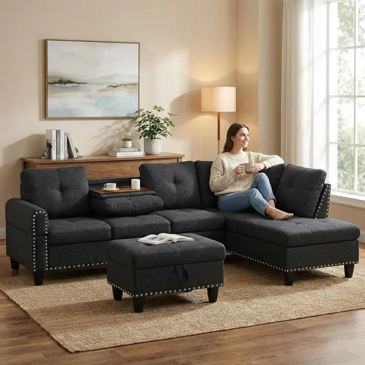 Topcomfy 97.5" L Shaped Couch Set Linen | Modular Living Room Sofa with Storage Ottoman - view 2