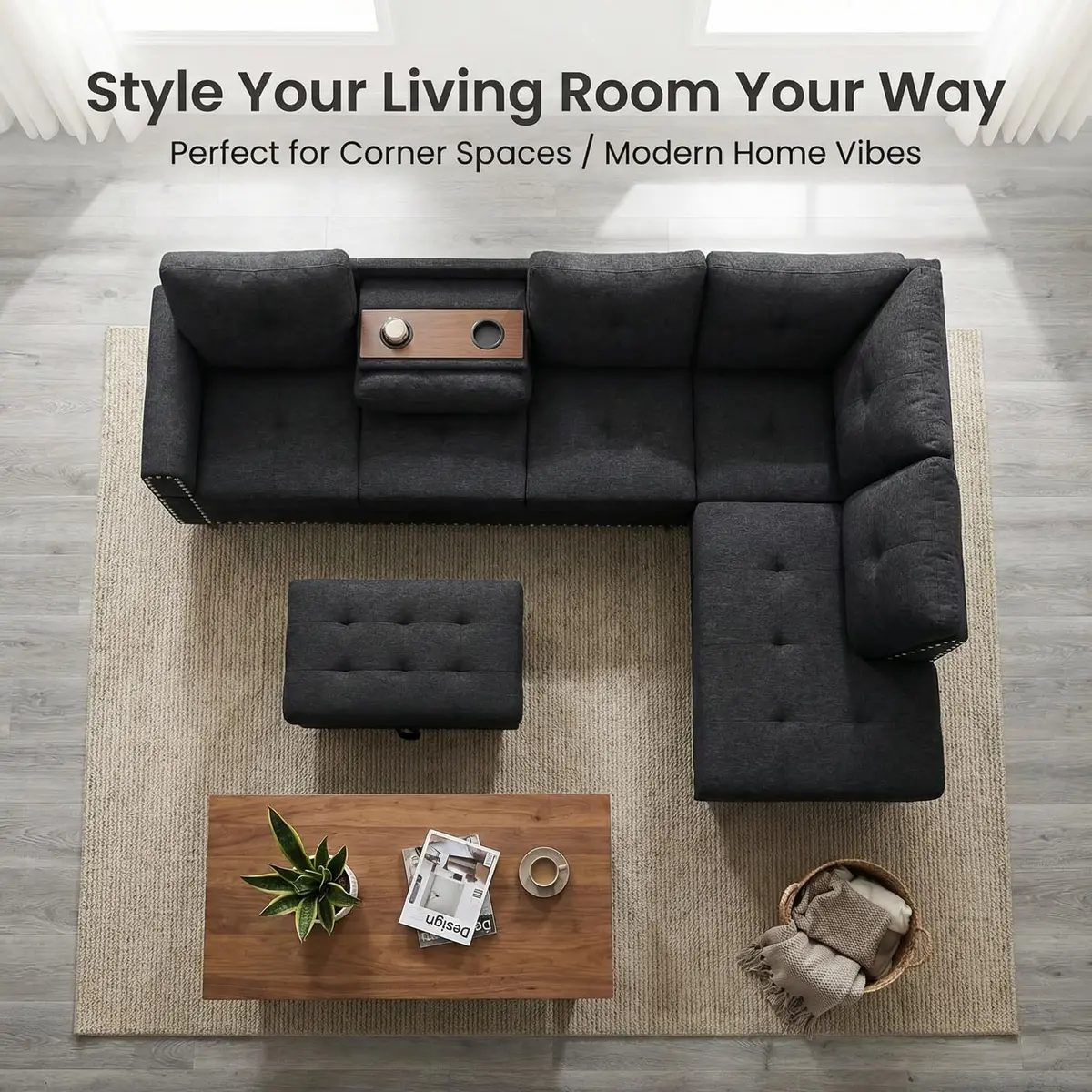 Topcomfy 97.5" L Shaped Couch Set Linen | Modular Living Room Sofa with Storage Ottoman - view 3