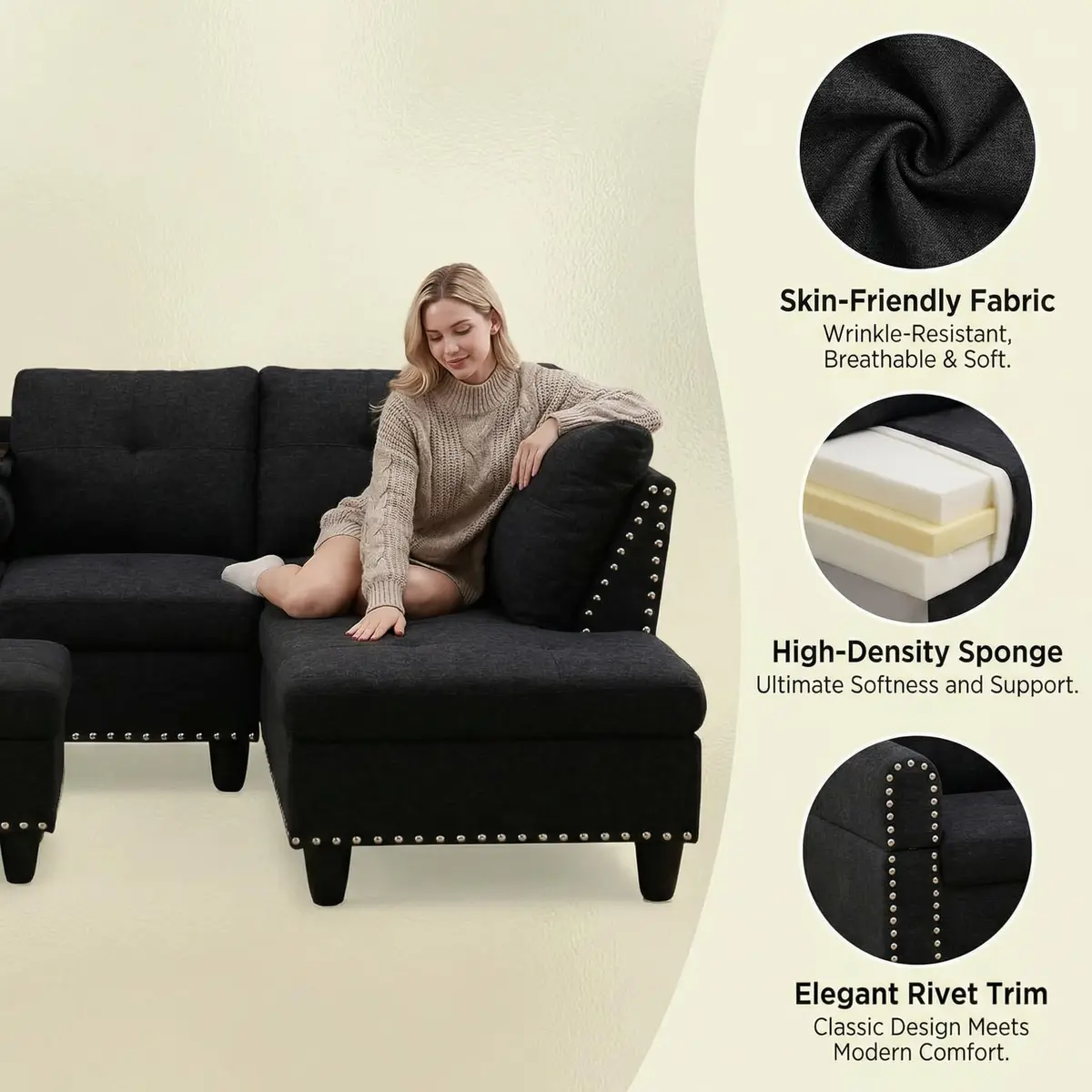 Topcomfy 97.5" L Shaped Couch Set Linen | Modular Living Room Sofa with Storage Ottoman - view 4