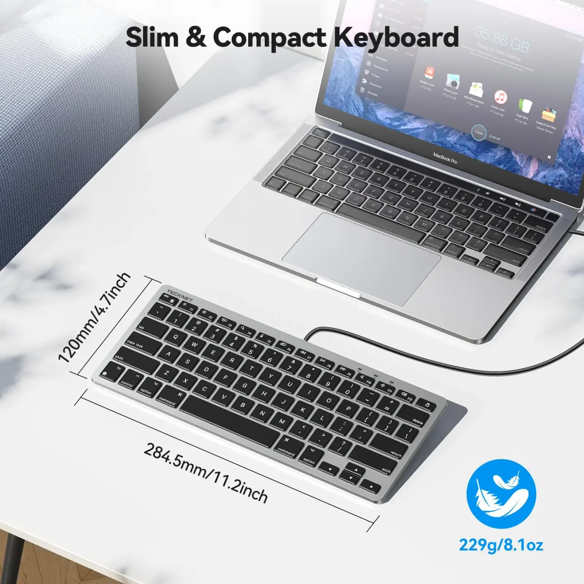 TECKNET Wired Mac Keyboard for MacOS Devices with Dual Interface, 78-Key Compact Layout | Ergonomic Typing Angle & Stable Connection - view 2