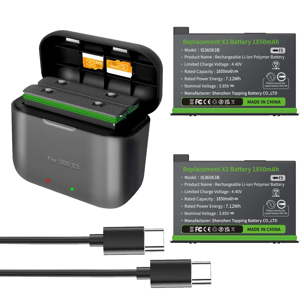 METACUCU 1850mAh Dual Battery & USB-C Charger for Insta360 X3 Camera | Extended Shooting Time - main product image