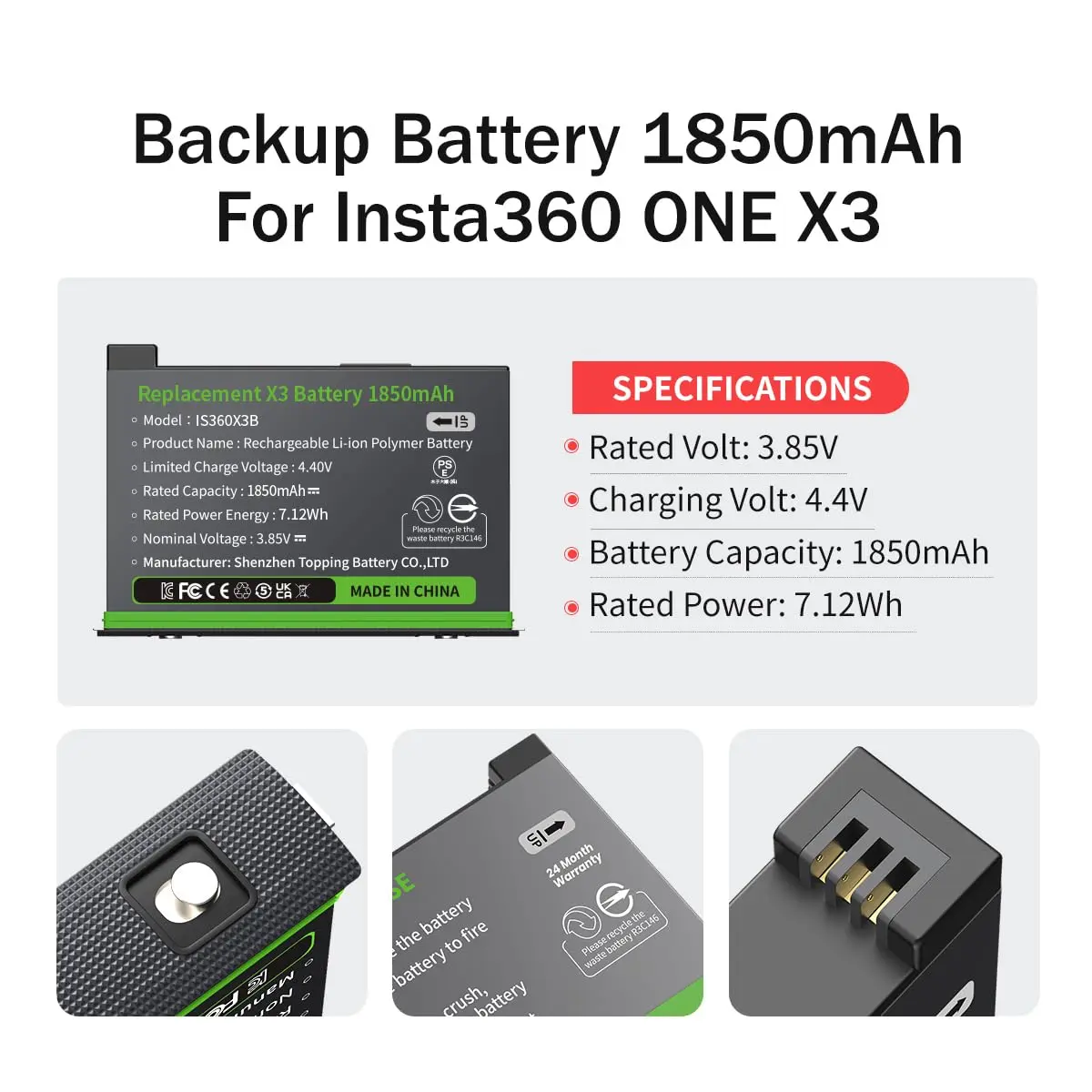 METACUCU 1850mAh Dual Battery & USB-C Charger for Insta360 X3 Camera | Extended Shooting Time - view 6
