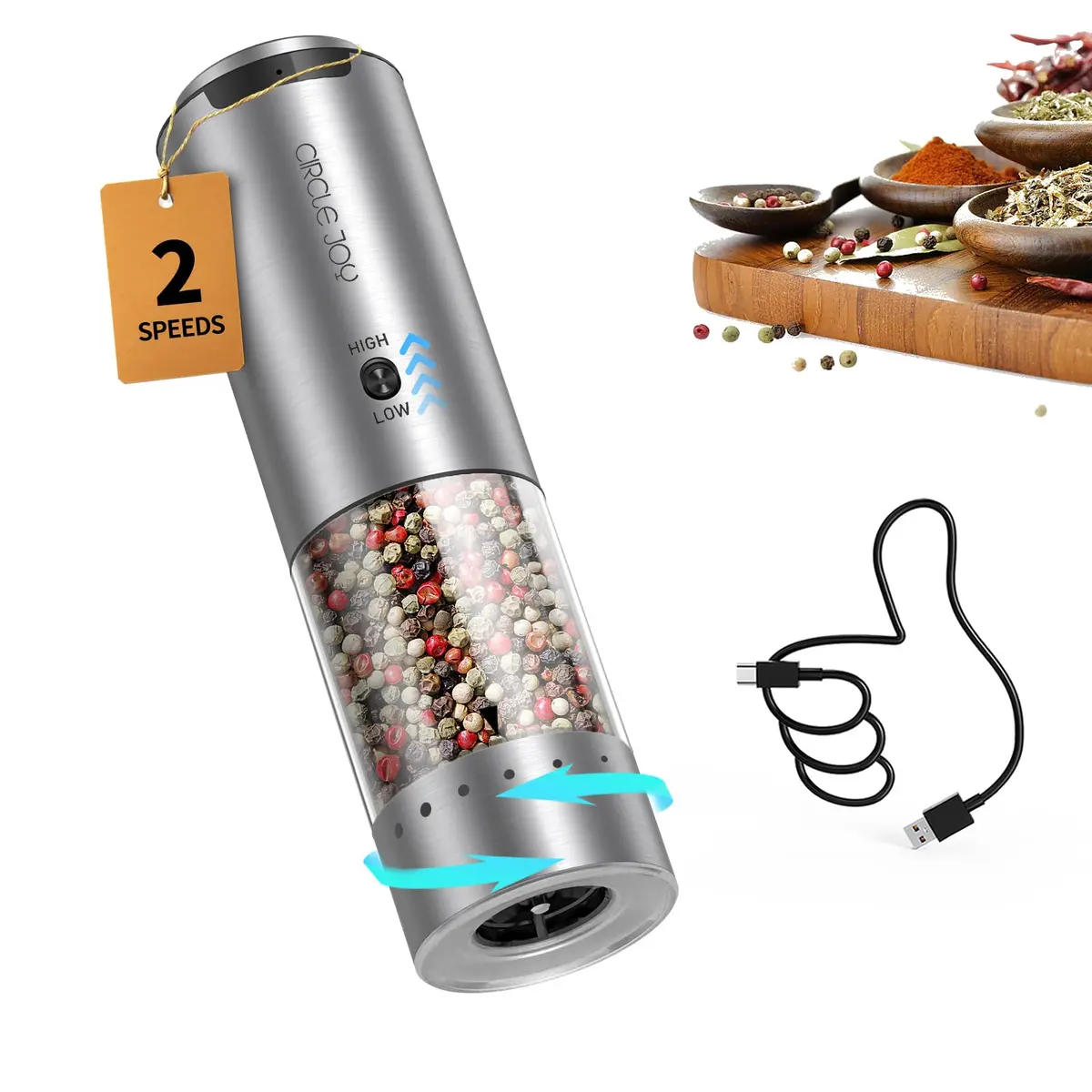 CIRCLE JOY Electric Pepper Grinder Stainless Steel Rechargeable with Variable Speed & LED Light | 95ml Container - main product image